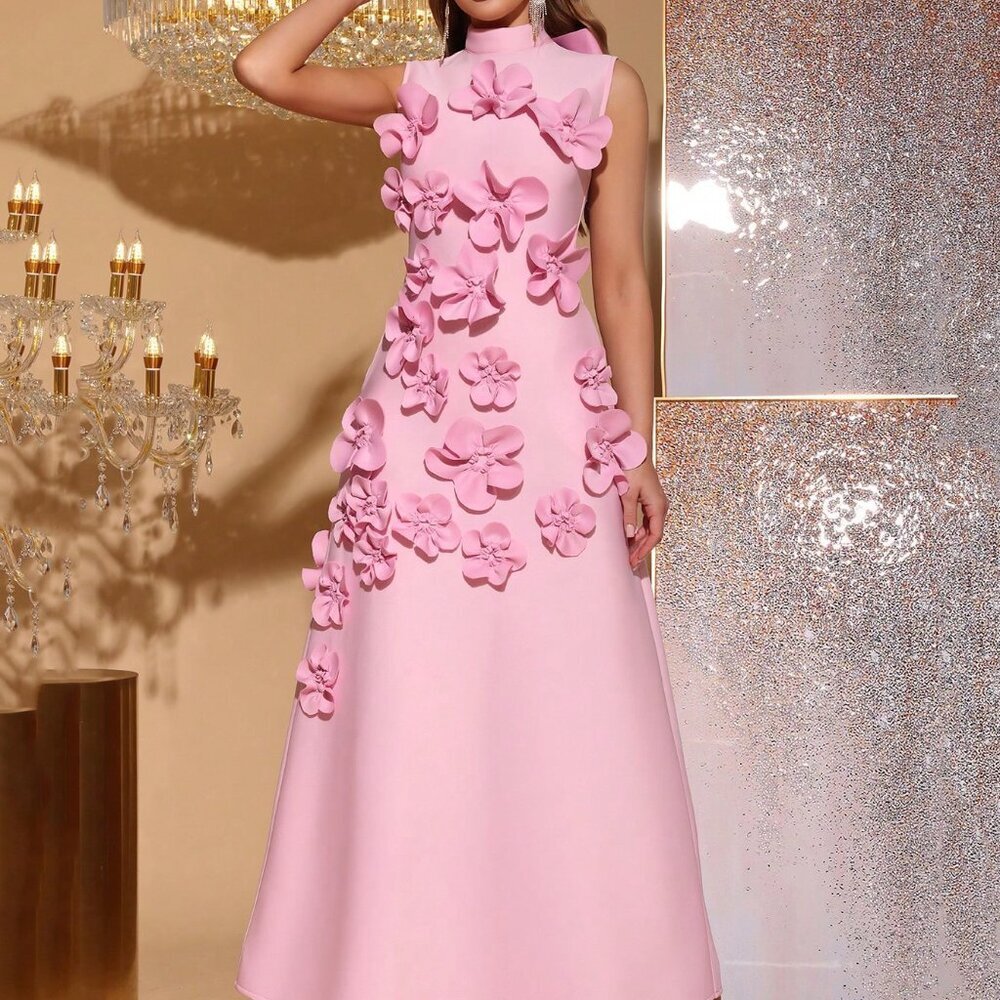 Pink Elegant Women's 3d Floral Decor Slim Fit High Neck Sleeveless Dress - Picture 4 of 8